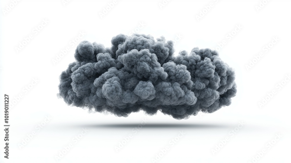 Dark gray smoke cloud floating in a white background during a still moment of atmospheric change Dark gray smoke cloud floating in a white background during a still moment of atmospheric change