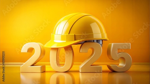 Happy new year greeting banner for construction industry featuring yellow protective helmet on 3D numbers 2025 against a bright orange background photo