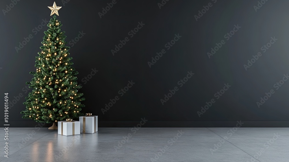 This close-up showcases a stunning Christmas tree adorned with golden bokeh lights, creating a warm atmosphere, ideal for holiday promotions or seasonal designs This close-up showcases a stunning Christmas tree adorned with golden bokeh lights, creating a warm atmosphere, ideal for holiday promotions or seasonal designs