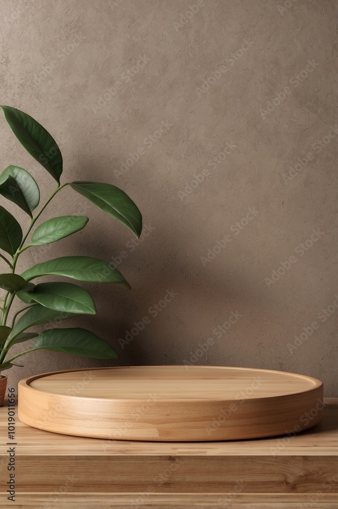 Empty wooden podium on wood floor with lighting window and shadow on beige background, for product montage Empty wooden podium on wood floor with lighting window and shadow on beige background, for product montage