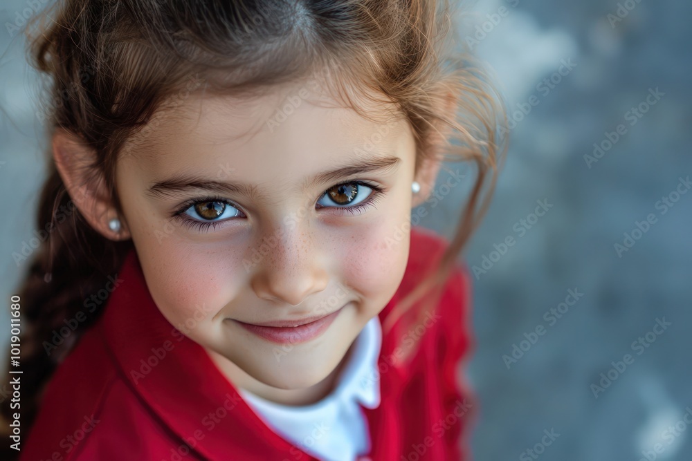 Young girl in a red school uniform, smiling with hopeful eyes, a symbol youthful optimism. Young girl in a red school uniform, smiling with hopeful eyes, a symbol youthful optimism.