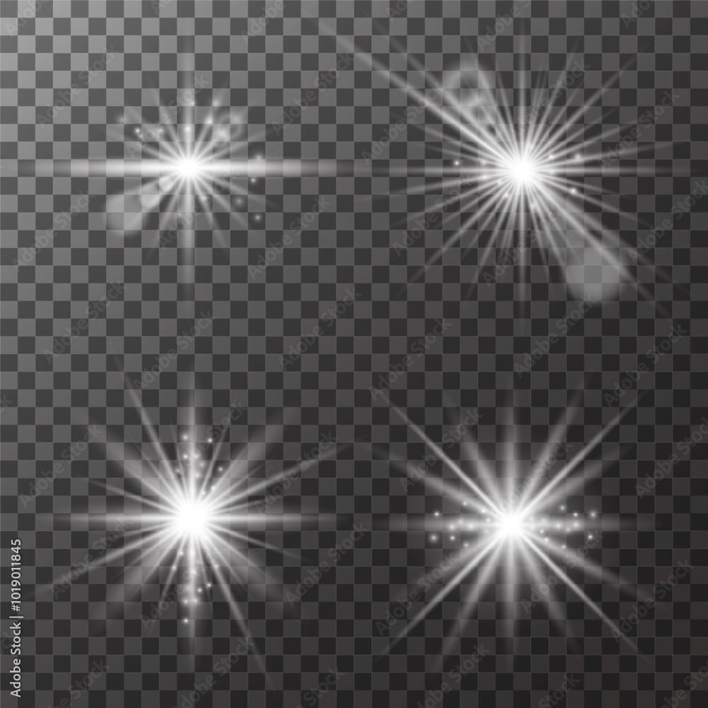 Set of bright white flashes of light, shining stars on transparent background. Vector Set of bright white flashes of light, shining stars on transparent background. Vector