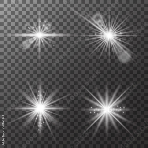 Set of bright white flashes of light, shining stars on transparent background. Vector