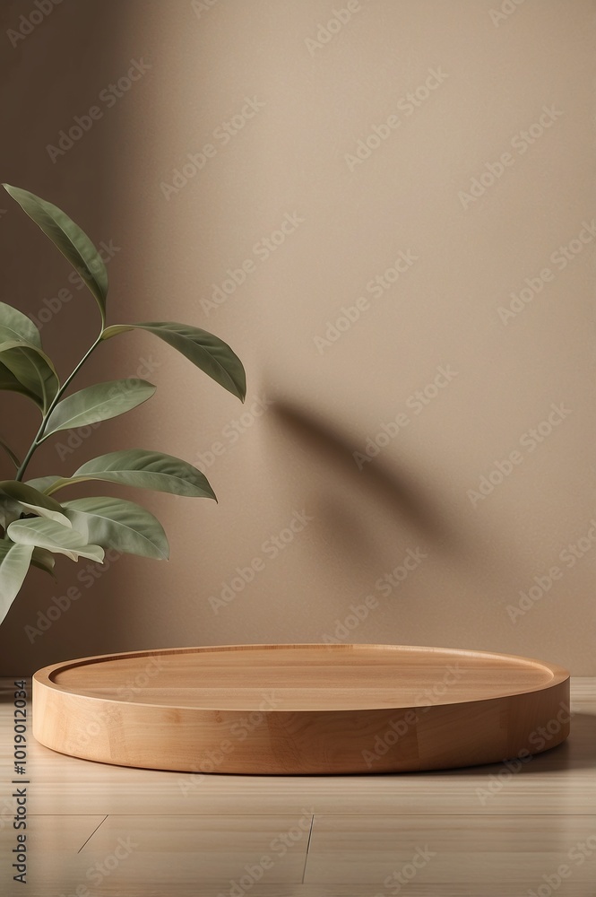 Empty wooden podium on wood floor with lighting window and shadow on beige background, for product montage Empty wooden podium on wood floor with lighting window and shadow on beige background, for product montage