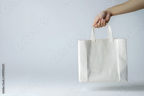 A Plain Paper Shopping Bag Held by a Hand, With a Solid White Background, Paper Shopping Bag Mockup, Paper Bag Mockup, White Label Product Mockup