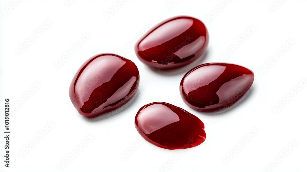 Four shiny red droplets on a white surface, showcasing rich color and smooth texture captured in natural light Four shiny red droplets on a white surface, showcasing rich color and smooth texture captured in natural light