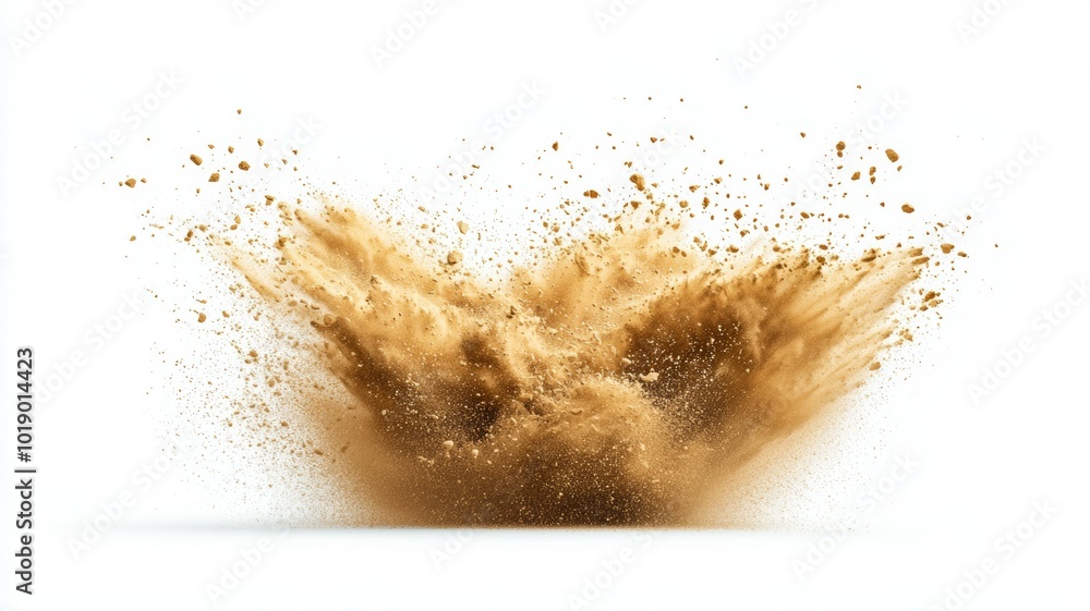 A cloud of brown dust erupts dramatically from the ground, creating an explosive effect against a white background A cloud of brown dust erupts dramatically from the ground, creating an explosive effect against a white background