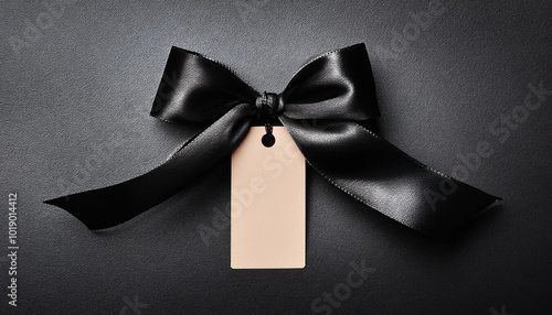 black satin ribbon with blank gift tag on dark background for luxury branding, marketing, and retail gift concepts