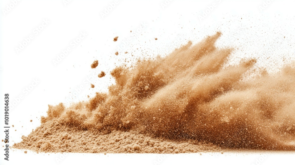 Soft brown dust rises from a sandy surface, creating a cloud effect during a dry weather setting Soft brown dust rises from a sandy surface, creating a cloud effect during a dry weather setting