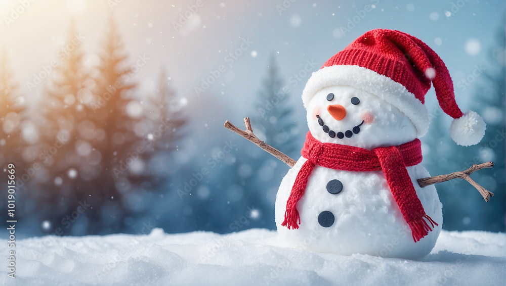 Cheerful snowman with a red Santa hat and scarf standing in a snowy forest with blurred evergreen trees in the background. Cheerful snowman with a red Santa hat and scarf standing in a snowy forest with blurred evergreen trees in the background.