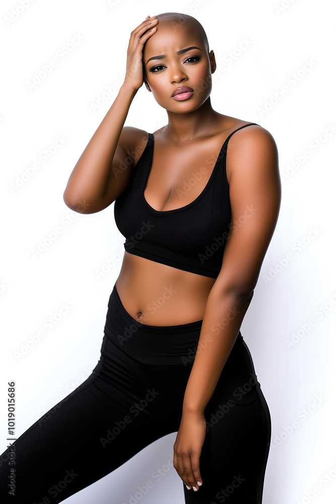 portrait of a sad worried afro american bald woman in bra and sport pants isolated over white background; concept of sickness, health problems portrait of a sad worried afro american bald woman in bra and sport pants isolated over white background; concept of sickness, health problems