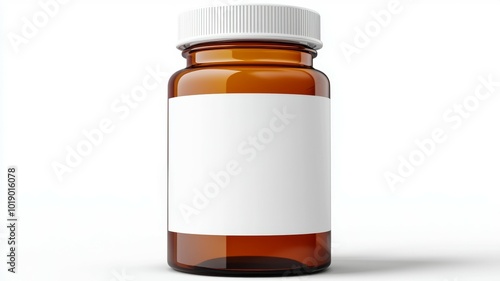 Clear amber bottle with a white label stands alone against a white background in a minimalist setting