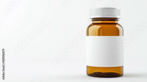 Simple amber medicine bottle with blank label against a plain background