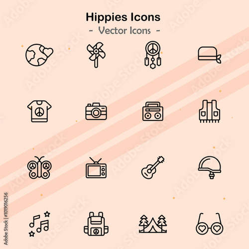 Icons illustrating additional elements of hippie culture and its values.