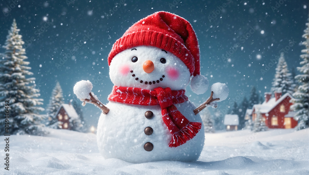 Happy snowman wearing a red Santa hat in a snowy winter landscape, surrounded by snow-covered trees at night. Happy snowman wearing a red Santa hat in a snowy winter landscape, surrounded by snow-covered trees at night.