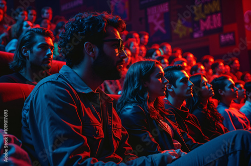 People sitting in a dark theater watching a show on stage