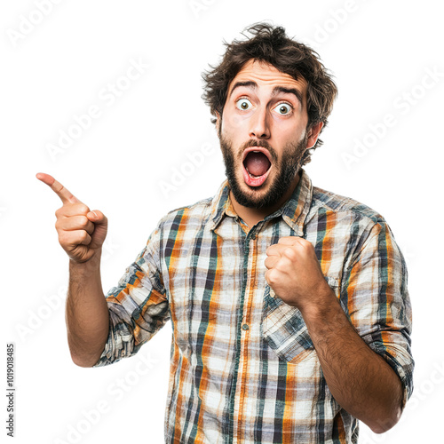 Young surprised man pointing right with his finger  isolated on transparent background Generative AI