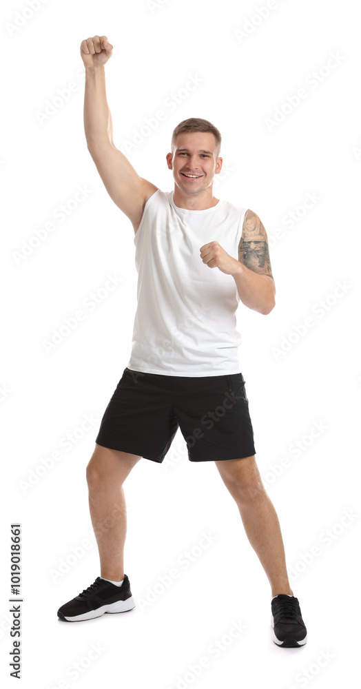 Portrait of happy winner on white background Portrait of happy winner on white background