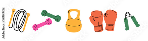 Fitness gear: jump ropes, dumbbells, kettlebells, and boxing gloves neatly arranged