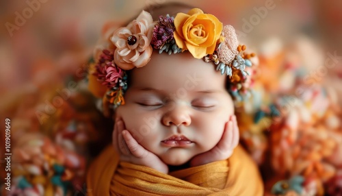 Newborn baby portraits, vibrant colors, soft focus, photography, adorable