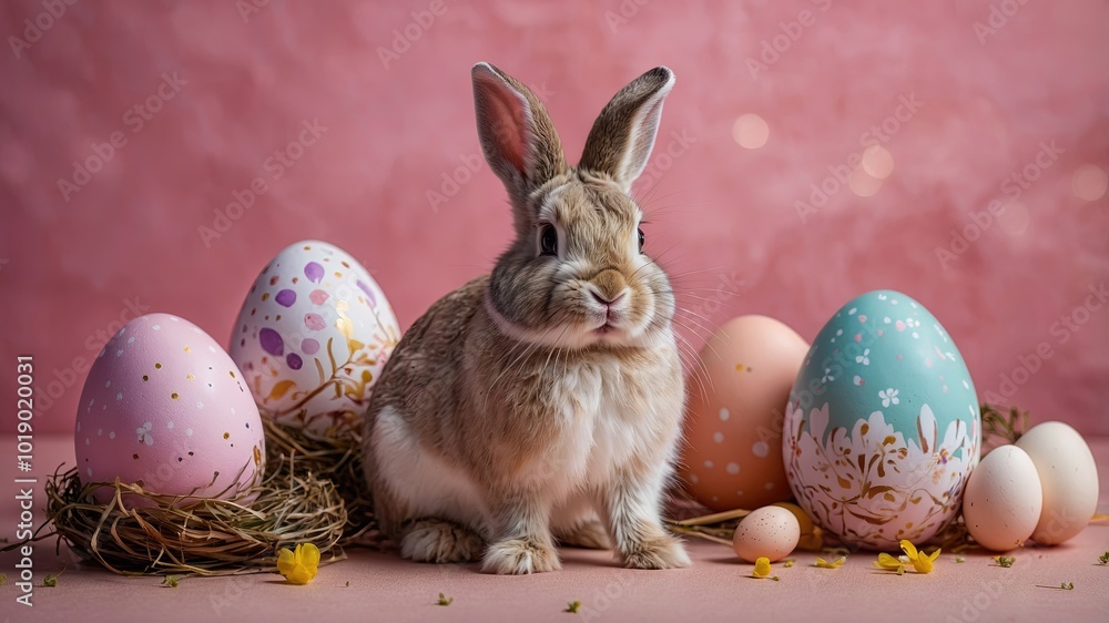 Easter Bunny with Colorful Painted Eggs on a Pink Background Easter Bunny with Colorful Painted Eggs on a Pink Background