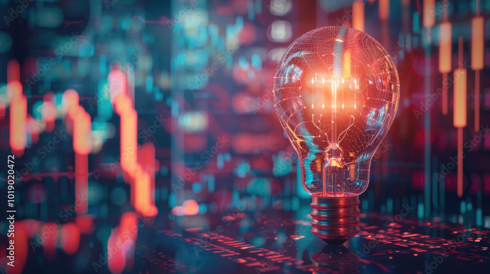 Strategy business currency ideas for marketing and business growth of futuristic of glowing light bulb graphic icon with trading graph chart background. Strategy business currency ideas for marketing and business growth of futuristic of glowing light bulb graphic icon with trading graph chart background.