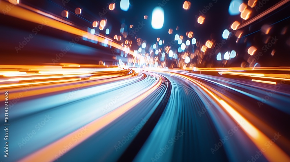 Dynamic night-time light trails on a winding road, showcasing vibrant colors and motion blur Dynamic night-time light trails on a winding road, showcasing vibrant colors and motion blur