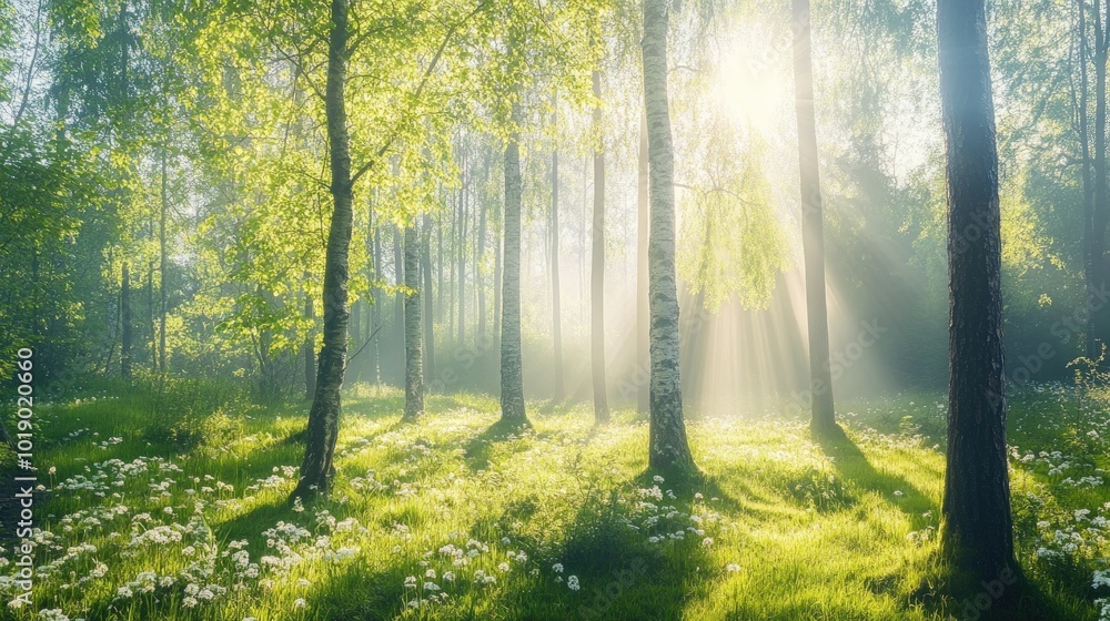 Obraz premium Sunlight streams through a birch forest, illuminating a field of wildflowers.
