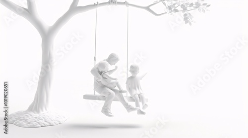 Family Swinging on Tree: A Serene White Minimalist Image