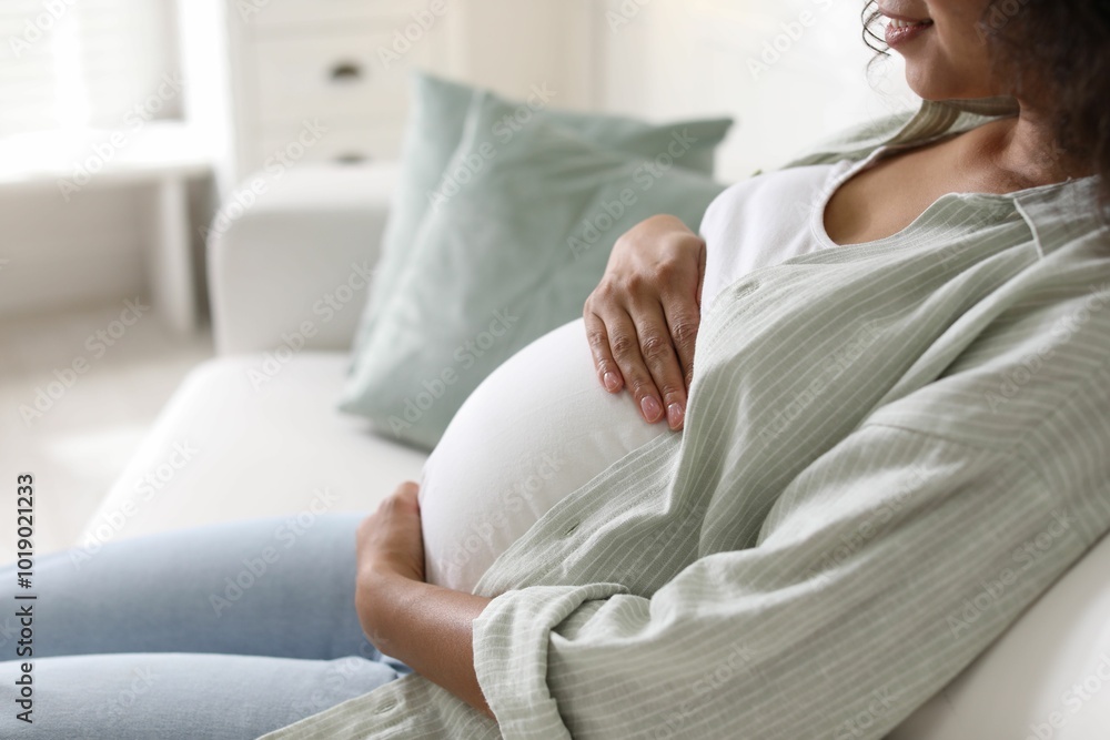 Fototapeta premium Pregnant woman on sofa at home, closeup