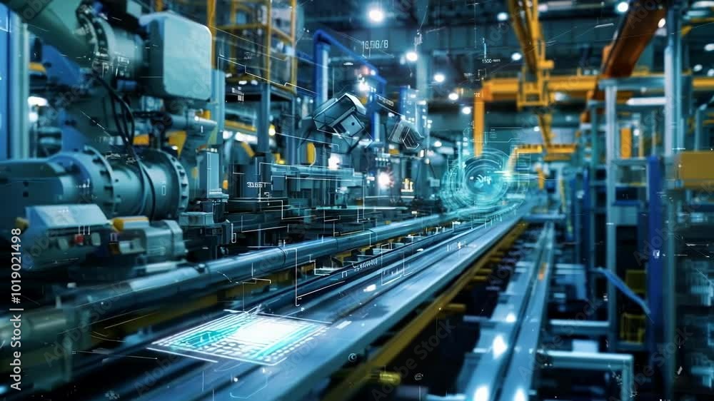 Robotic arms assemble a machine in a modern factory with a digital interface, blending physical and digital in industry Robotic arms assemble a machine in a modern factory with a digital interface, blending physical and digital in industry