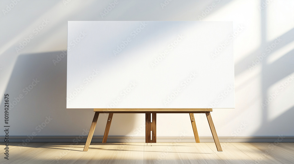 Large Blank White Canvas on Wooden Easel with Soft Shadows in Minimalist Studio Large Blank White Canvas on Wooden Easel with Soft Shadows in Minimalist Studio
