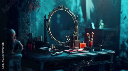 A vanity mirror reflecting Halloween makeup palettes, brushes, and eerie accessories in a dark, atmospheric room