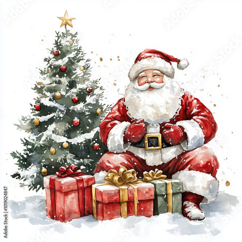Watercolor image of Santa Claus with gifts by the Christmas tree