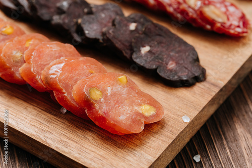 Close-up of sliced salami with nuts, gourmet meat textures and flavors, charcuterie boards