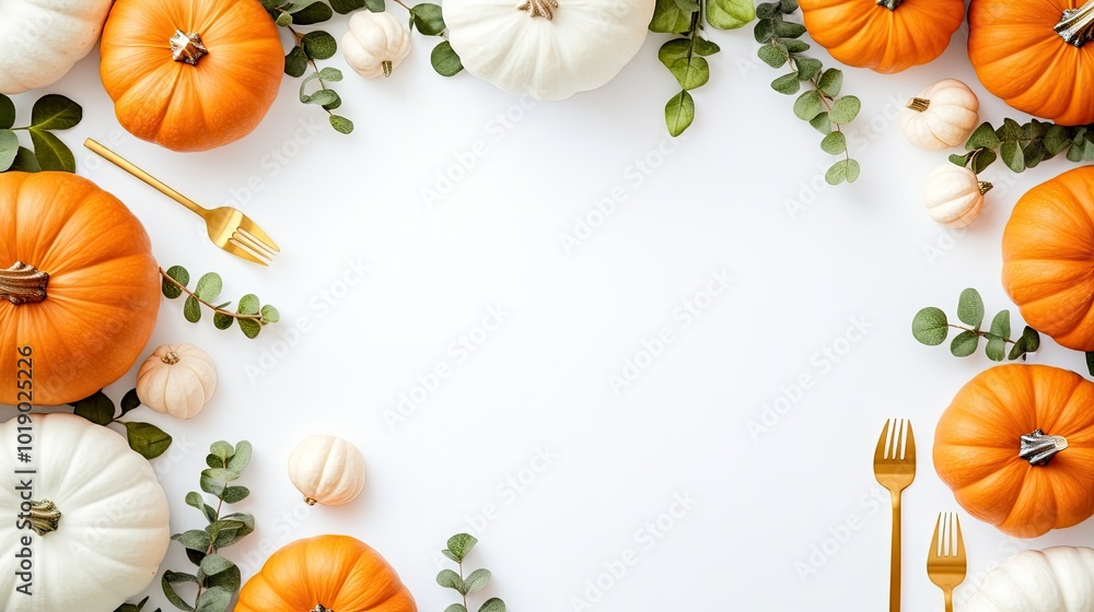 Obraz premium A beautifully arranged autumn dinner table showcases a flat lay of pumpkins, lush greenery, and pristine white plates, perfect for festive gatherings and celebrations