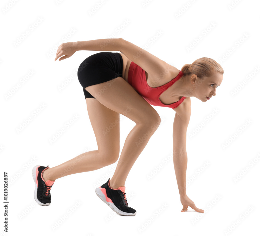 Runner in starting position on white background Runner in starting position on white background