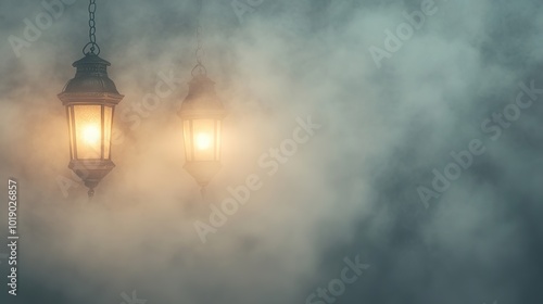 Haunted lanterns glowing faintly in the fog on a white background photo