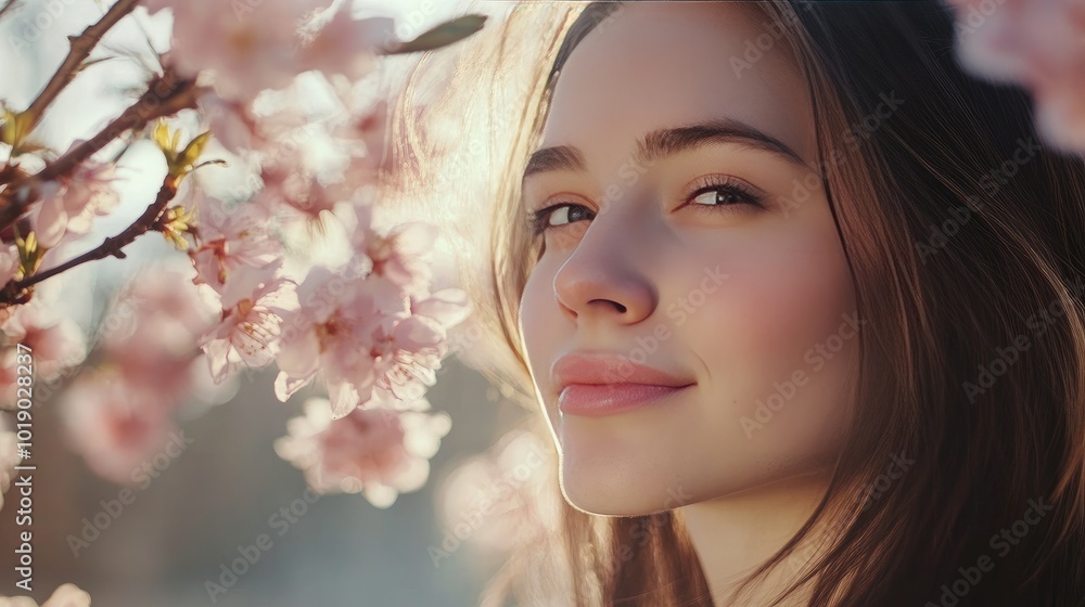Lovely young lady on a springtime day next to a blossoming tree Lovely young lady on a springtime day next to a blossoming tree