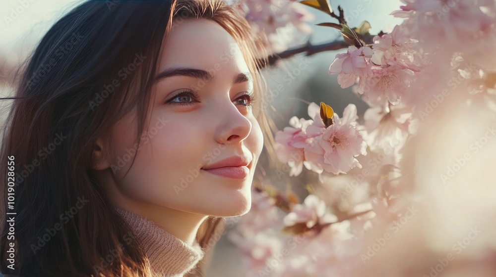 Lovely young lady on a springtime day next to a blossoming tree Lovely young lady on a springtime day next to a blossoming tree