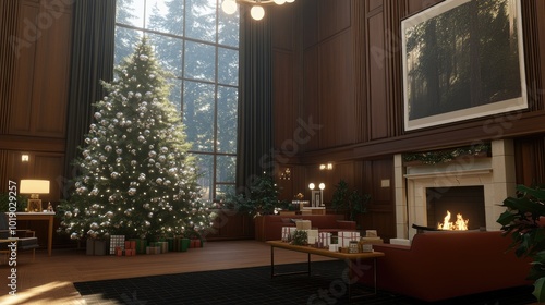 Wallpaper Mural A beautifully decorated room features a Christmas tree adorned with white lights, gifts on the floor, and a glowing fireplace surrounded by wooden walls creating a festive atmosphere Torontodigital.ca
