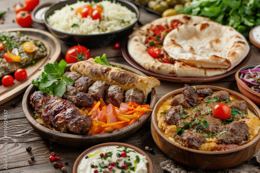 A table full of food with a variety of dishes including meat, rice, generative ai image A table full of food with a variety of dishes including meat, rice, generative ai image