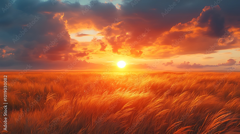A fiery sunset over a field of golden grass. A fiery sunset over a field of golden grass.