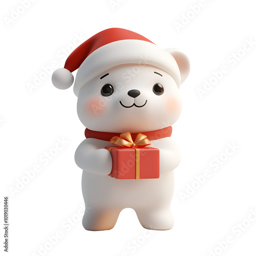 Christmas Character Polar Bear Holding a Gift Box, Wearing Santa Claus Hat: 3D Render Cartoon Illustration, Isolated on Transparent Background, PNG