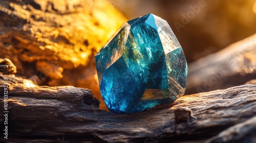 A blue gemstone with a faceted cut rests on a piece of weathered driftwood. The gemstone is illuminated by the warm glow of the setting sun.