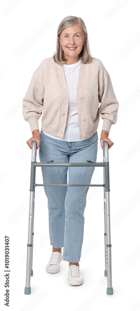 Senior woman using walking frame on white background Senior woman using walking frame on white background