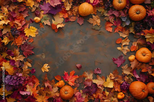 
A colorful autumn background with fall leaves and pumpkins scattered on the floor, creating an enchanting setting for wedding photography, shot from above. The vibrant colors of reds, oranges, yellow photo