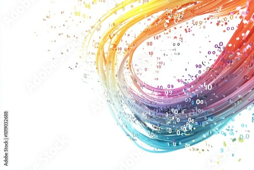 An abstract visualization of digital data with binary code and network connections in three dimensions. photo