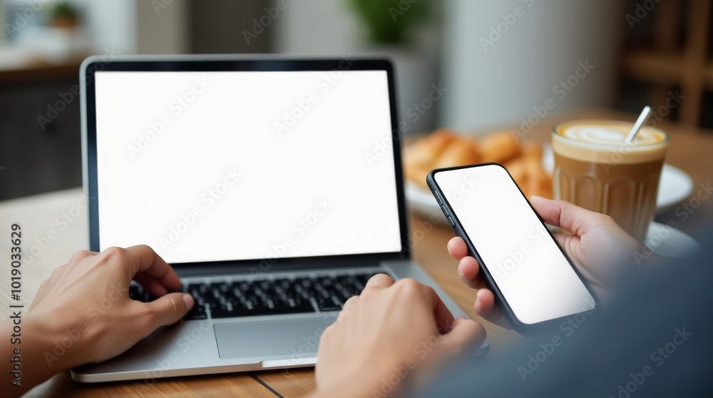 Close-up shot of a person's hands using a laptop with a blank white screen and holding a smartphone Close-up shot of a person's hands using a laptop with a blank white screen and holding a smartphone