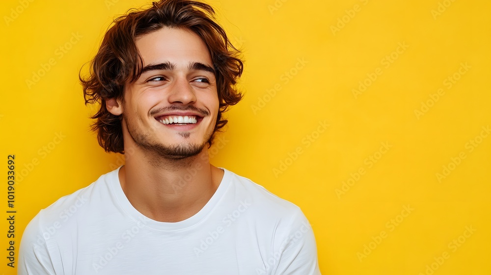 A handsome man smiling in a white t-shirt against a yellow background